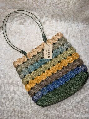 MAGID Multicolor Rosette Straw Tote Bag - Green/Blue/Gold NWT vintage